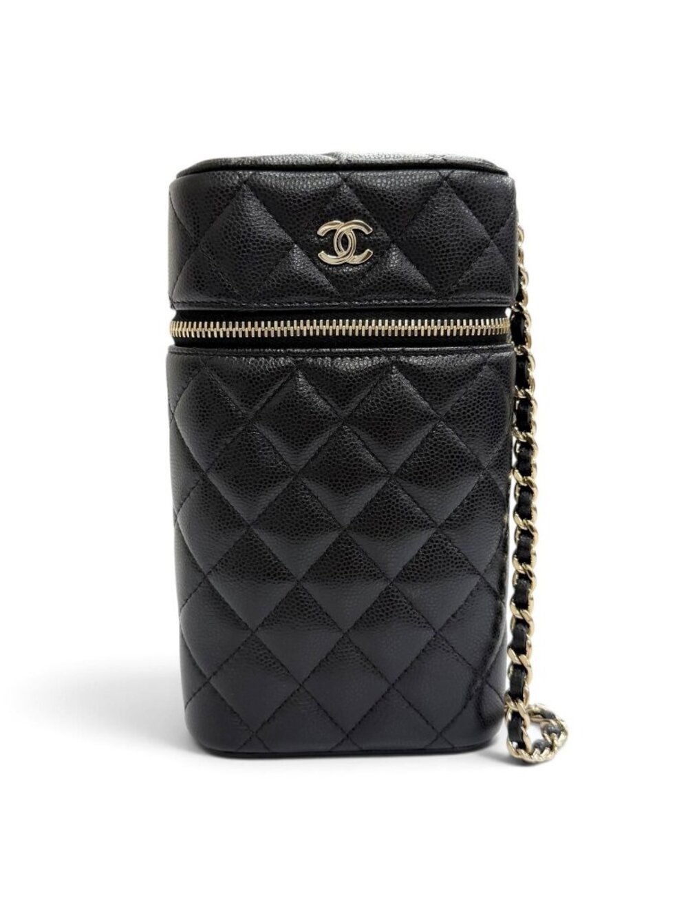 Chanel Caviar Leather Quilted Vanity Phone Chain Shoulder Bag Black Gold